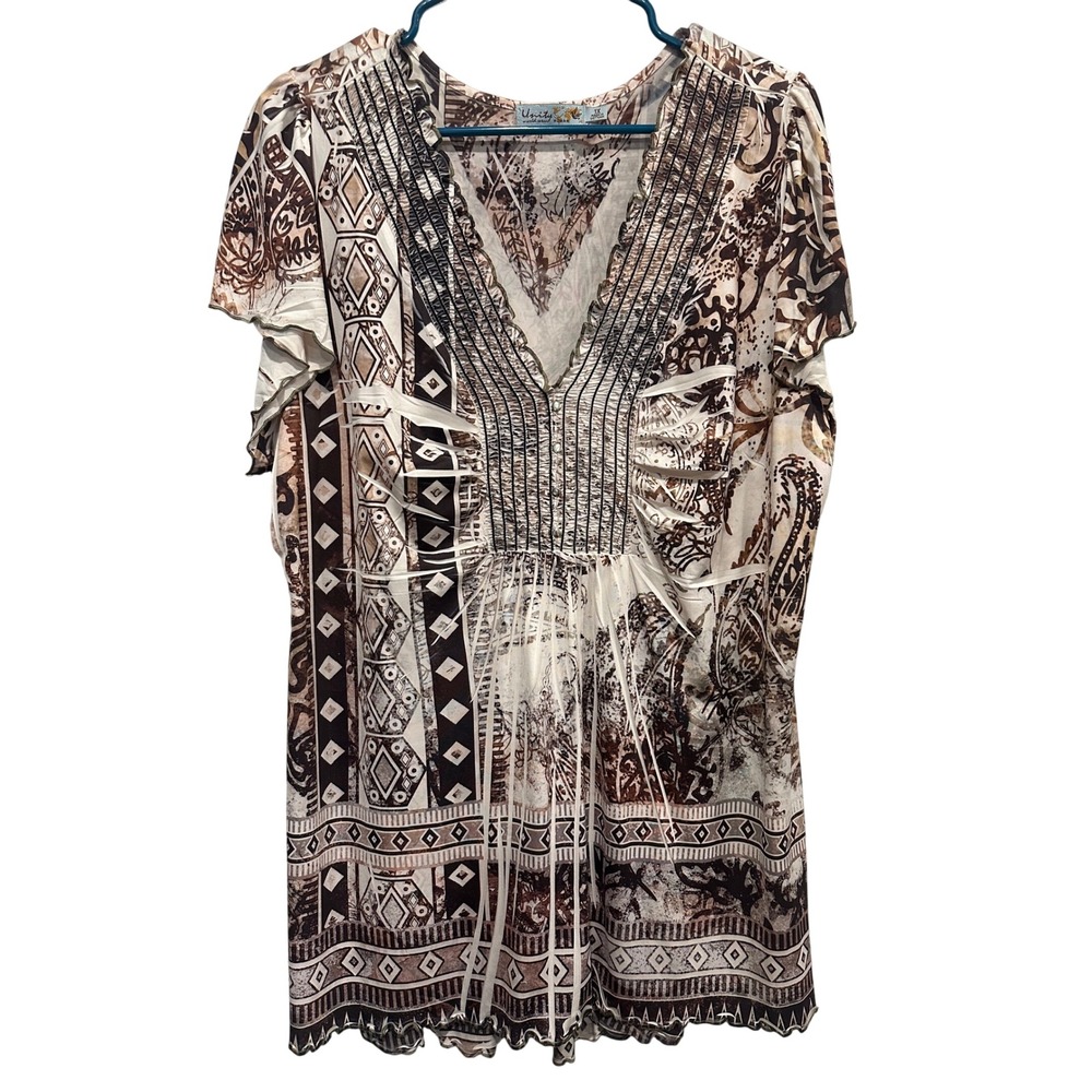 Unity World Wear Woman 1X Brown Paisley Geometric Smocked V-Neck Tunic Top 4270N